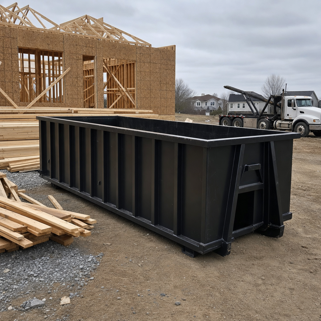 Matte-black 40-yard roll-off dumpster staged on a framed-out residential construction site in Augusta, framing lumber stacked nearby, hooklift delivery truck visible in the background under bright Colorado daylight
