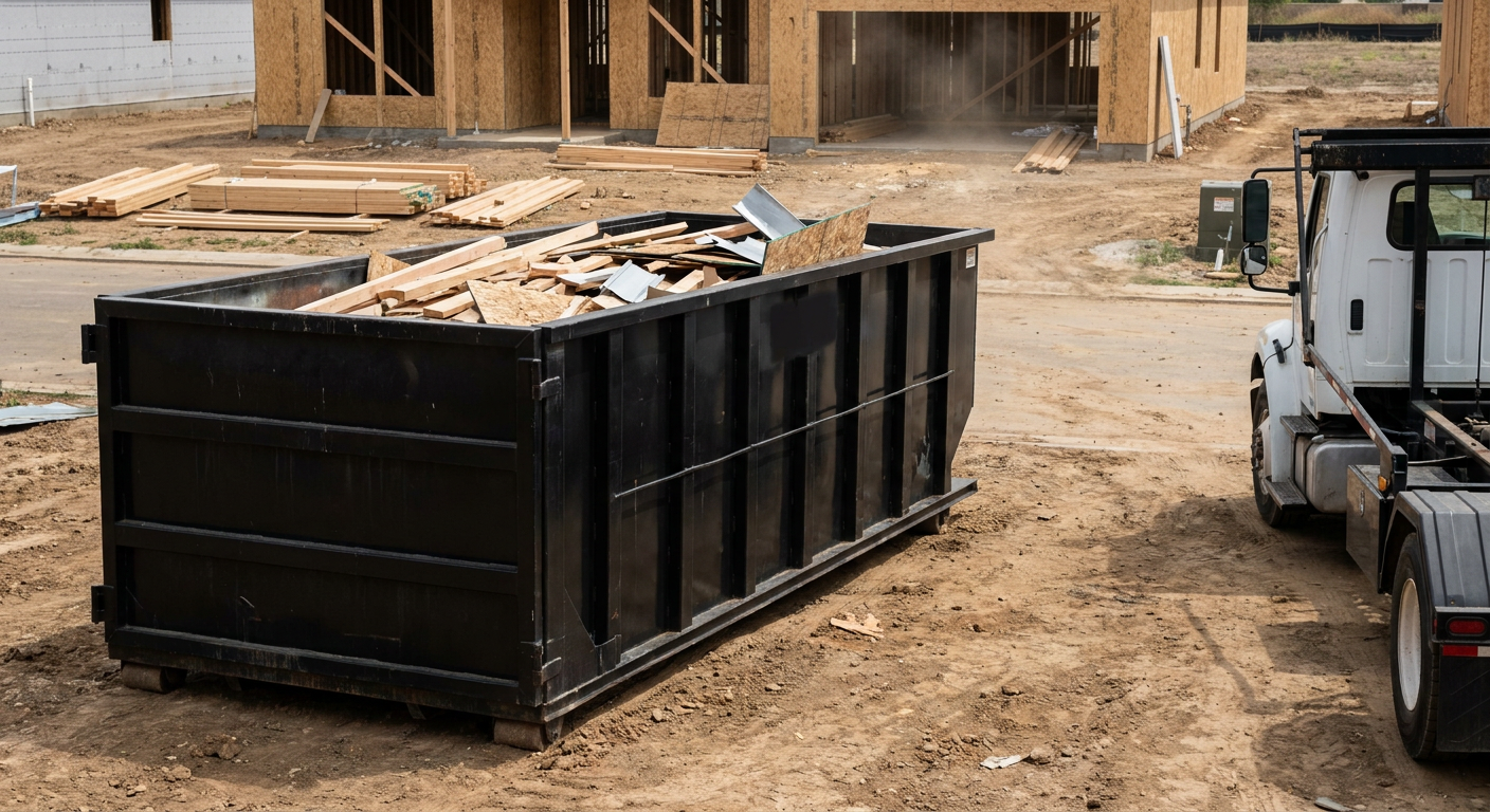 Matte-black 20-yard roll-off construction dumpster with heavy ribbed steel sidewalls and swing rear doors at a working jobsite in Augusta, sitting directly on compacted dirt with an unmarked white hauler partially visible at the far edge of the frame.
