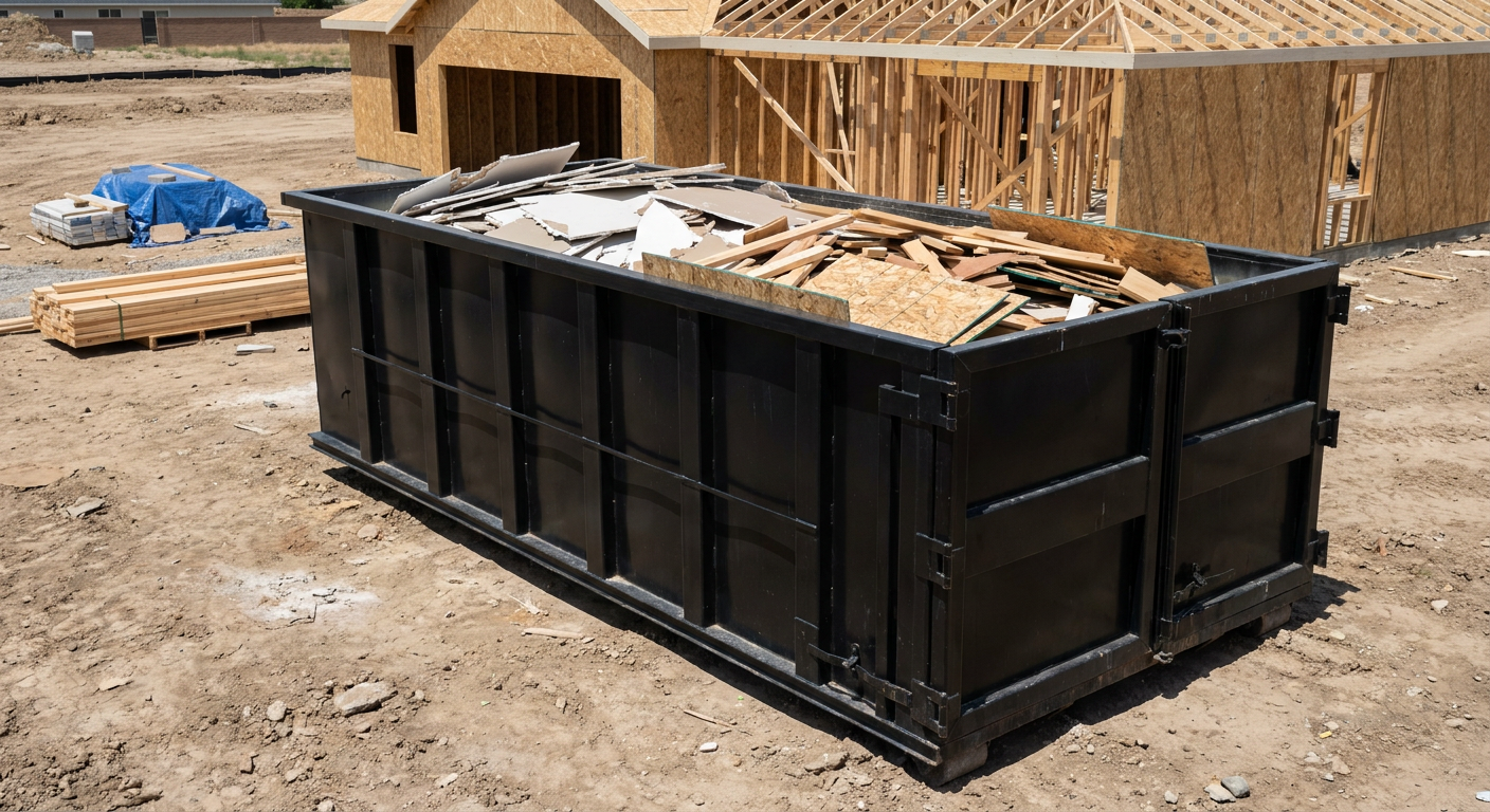 Matte-black 30-yard roll-off construction dumpster sitting directly on the compacted-dirt site of a framed single-family home build in Augusta, drywall and lumber scrap loaded inside.