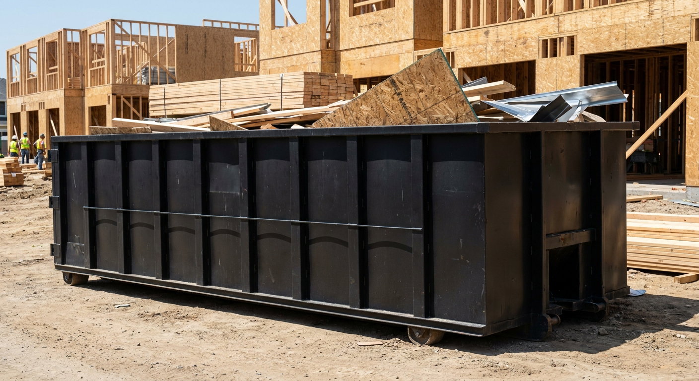 Matte-black 40-yard roll-off construction dumpster being lowered from a white-cab hooklift delivery truck onto the compacted-dirt jobsite at a commercial build site in Augusta