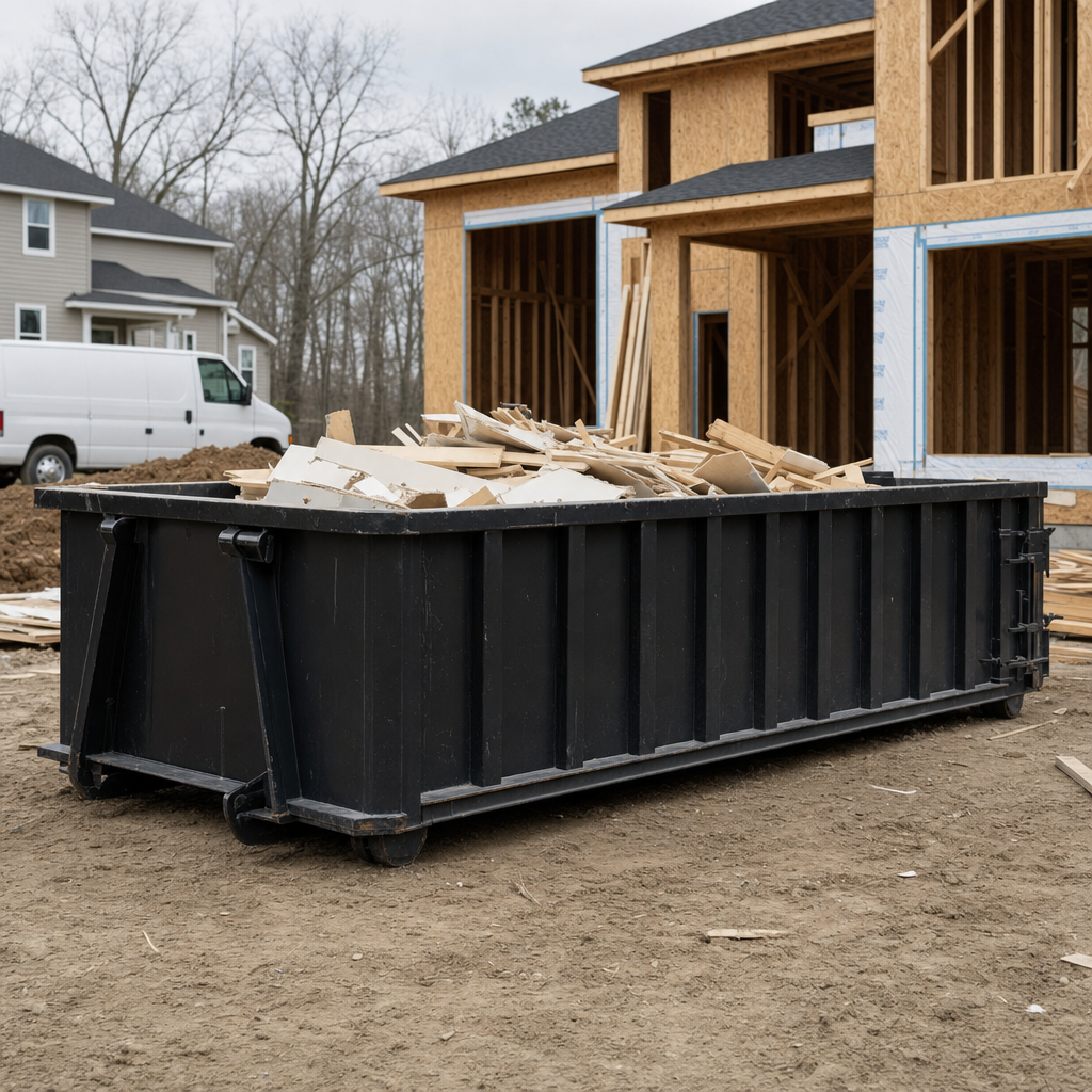 Worker in a yellow high-visibility vest tossing framing lumber and broken drywall into a matte-black 30-yard construction roll-off dumpster on an active build site in Augusta, bright daylight