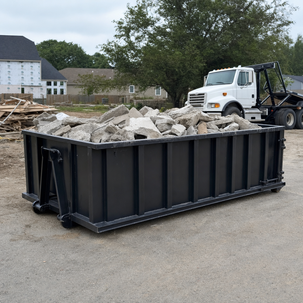 Low-profile matte-black lowboy roll-off dumpster loaded with broken concrete slab and rebar at a foundation tear-out in Augusta, skid steer parked beside it, sunny Colorado morning