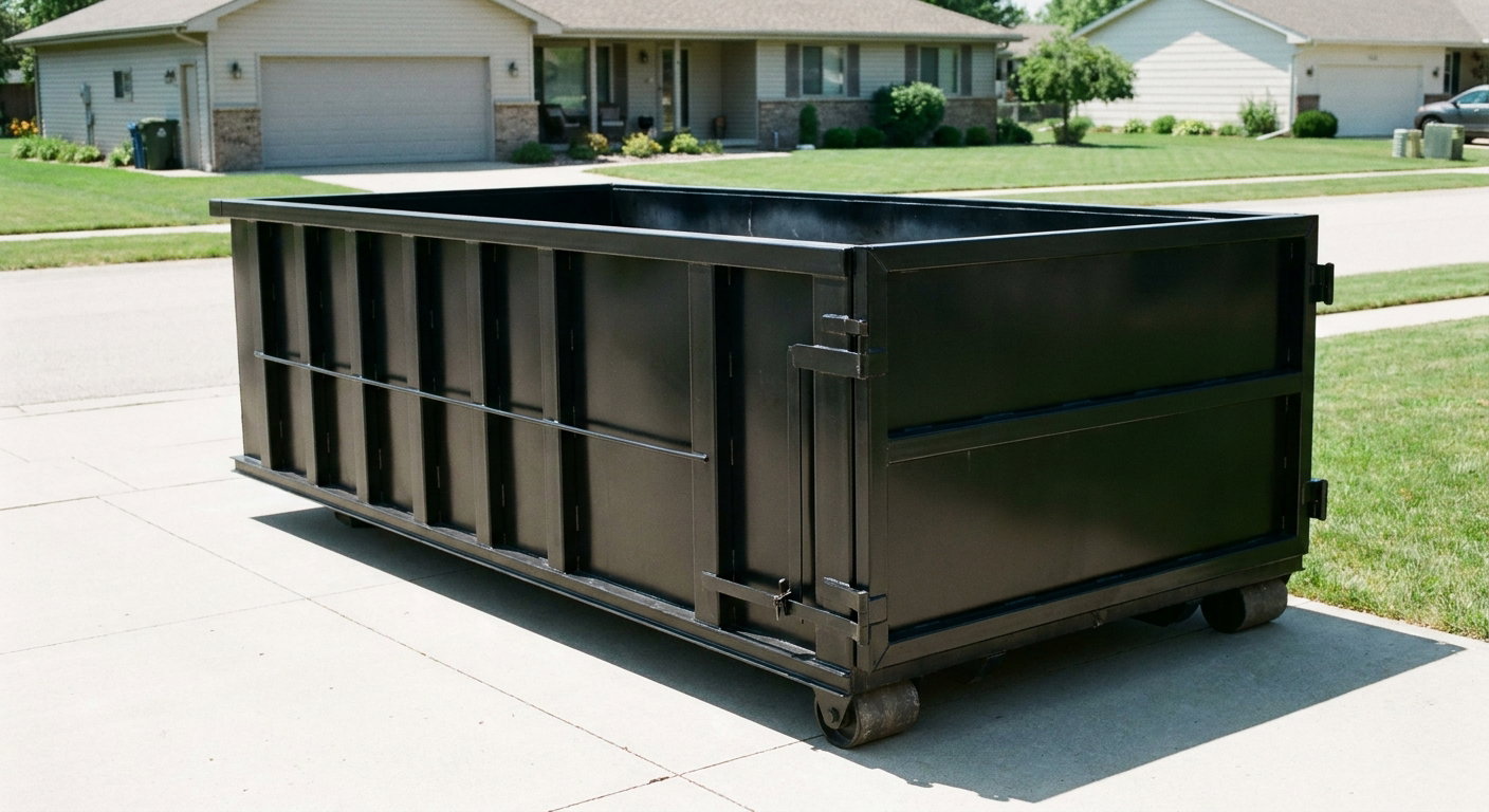 Matte-black 10-yard roll-off dumpster on a residential concrete driveway in Augusta, uniformly painted matte black across every panel and rail, ribbed steel sidewalls and rear swing door visible, mid-day daylight.