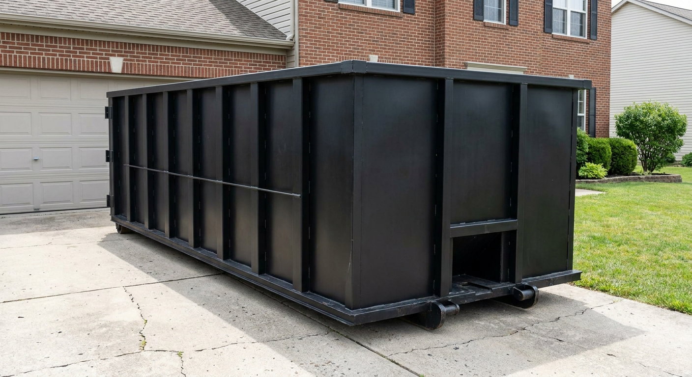 Matte-black 20-yard roll-off container on a Augusta residential concrete driveway with reinforced ribbed steel sidewalls and a hinged rear walk-in door, clean bright daylight.