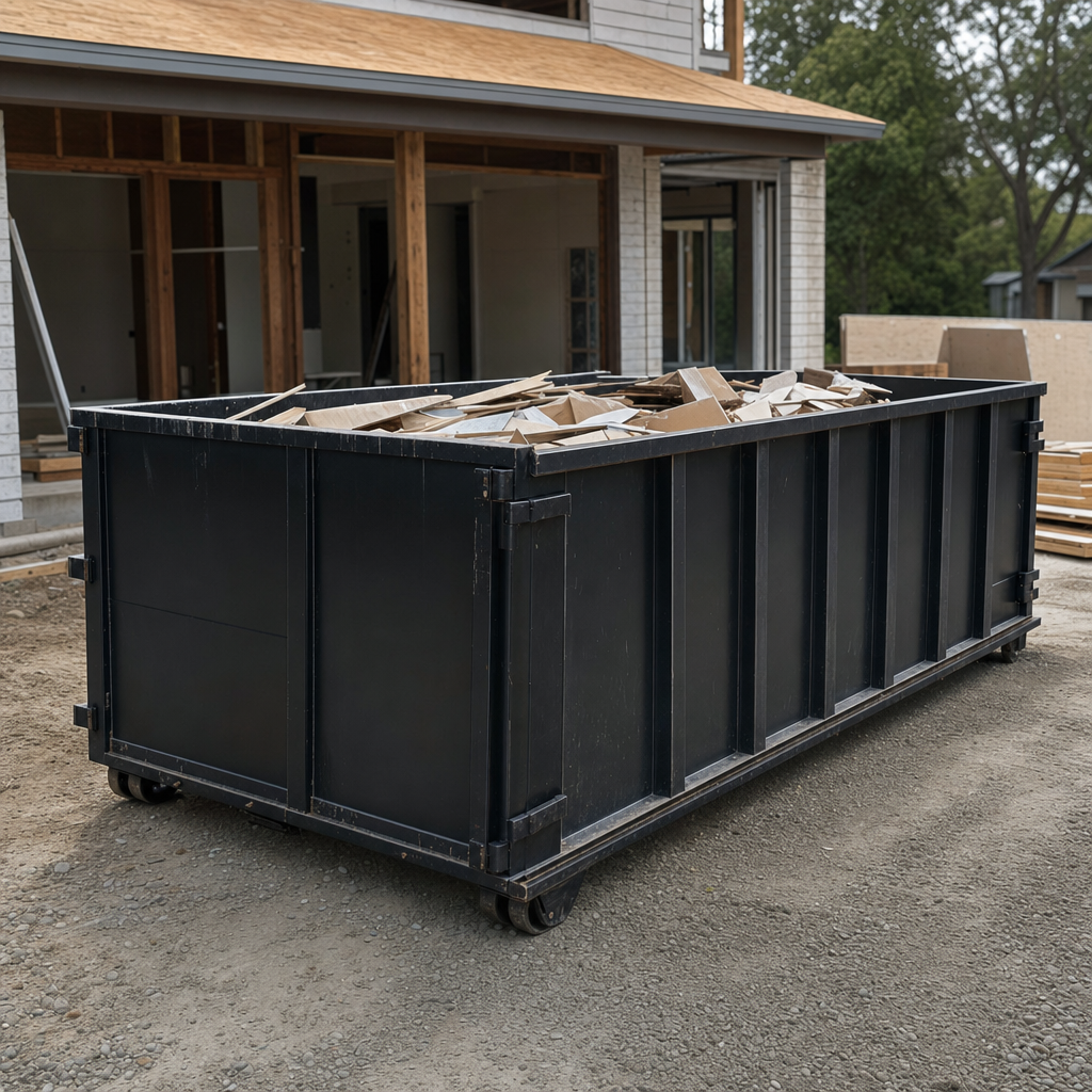 Large matte-black 30-yard construction roll-off dumpster at an active Augusta jobsite, steel-gray top rails and bottom rollers visible, loaded with construction debris.