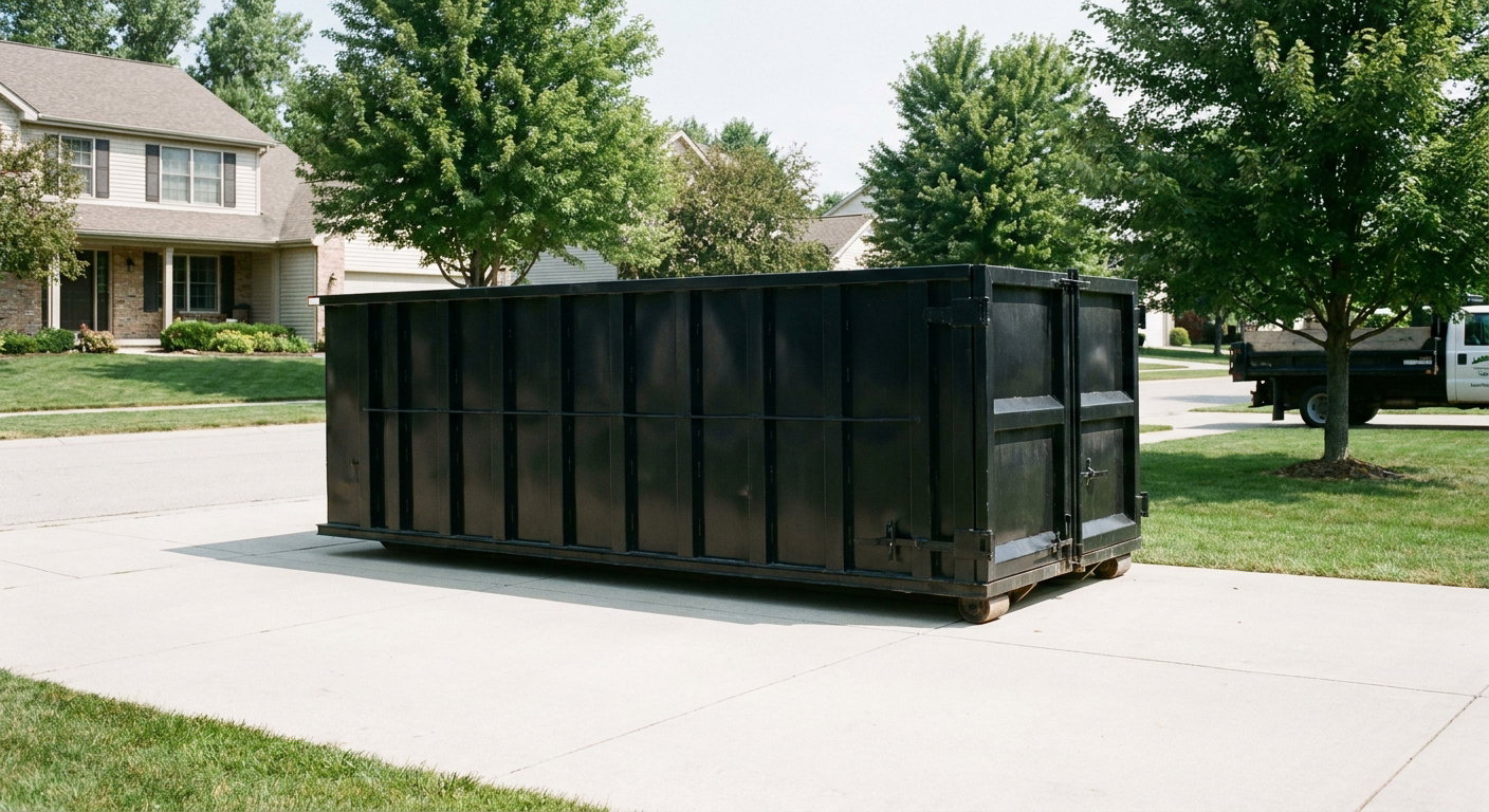 Matte-black 20-yard roll-off dumpster sitting level on a clean Augusta residential concrete driveway under bright daylight, demonstrating clean placement directly on the concrete.