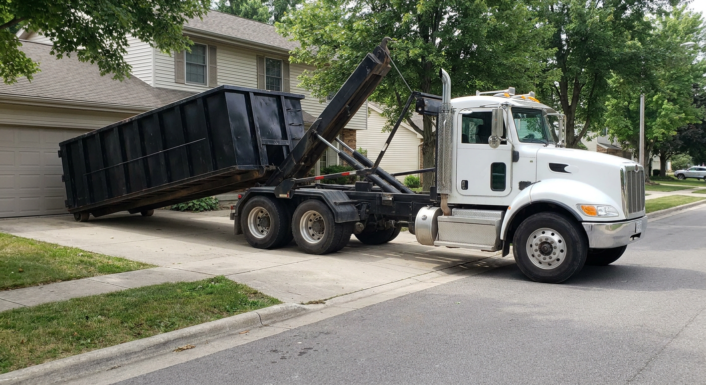 White-cab hooklift roll-off truck actively lowering a matte-black dumpster onto a Augusta residential concrete driveway, the dumpster's rear wheels touching the driveway as the hoist arm tilts the bed forward, mid-morning daylight.