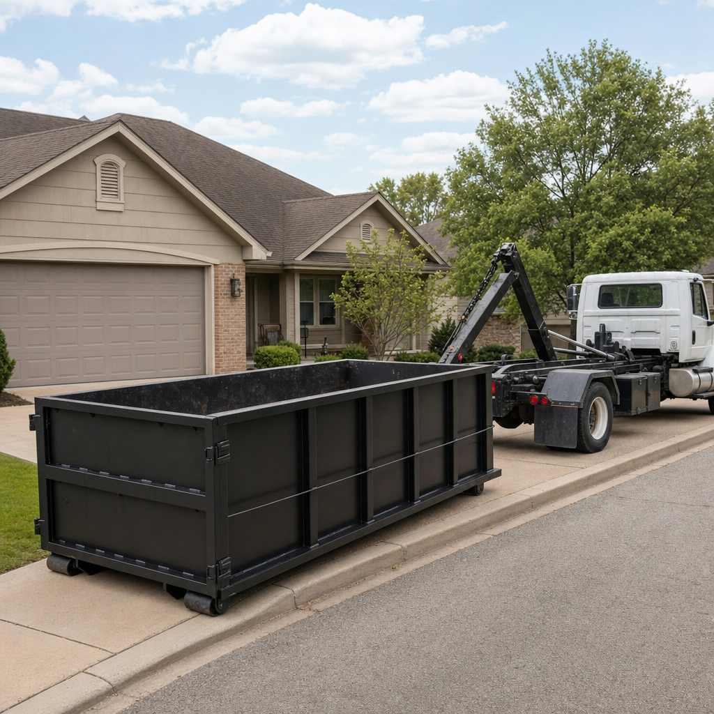 Wide documentary shot of a matte-black roll-off dumpster on a Augusta residential driveway in the foreground and a contractor jobsite container in the soft-focus background, bright daylight, calm and orderly composition.