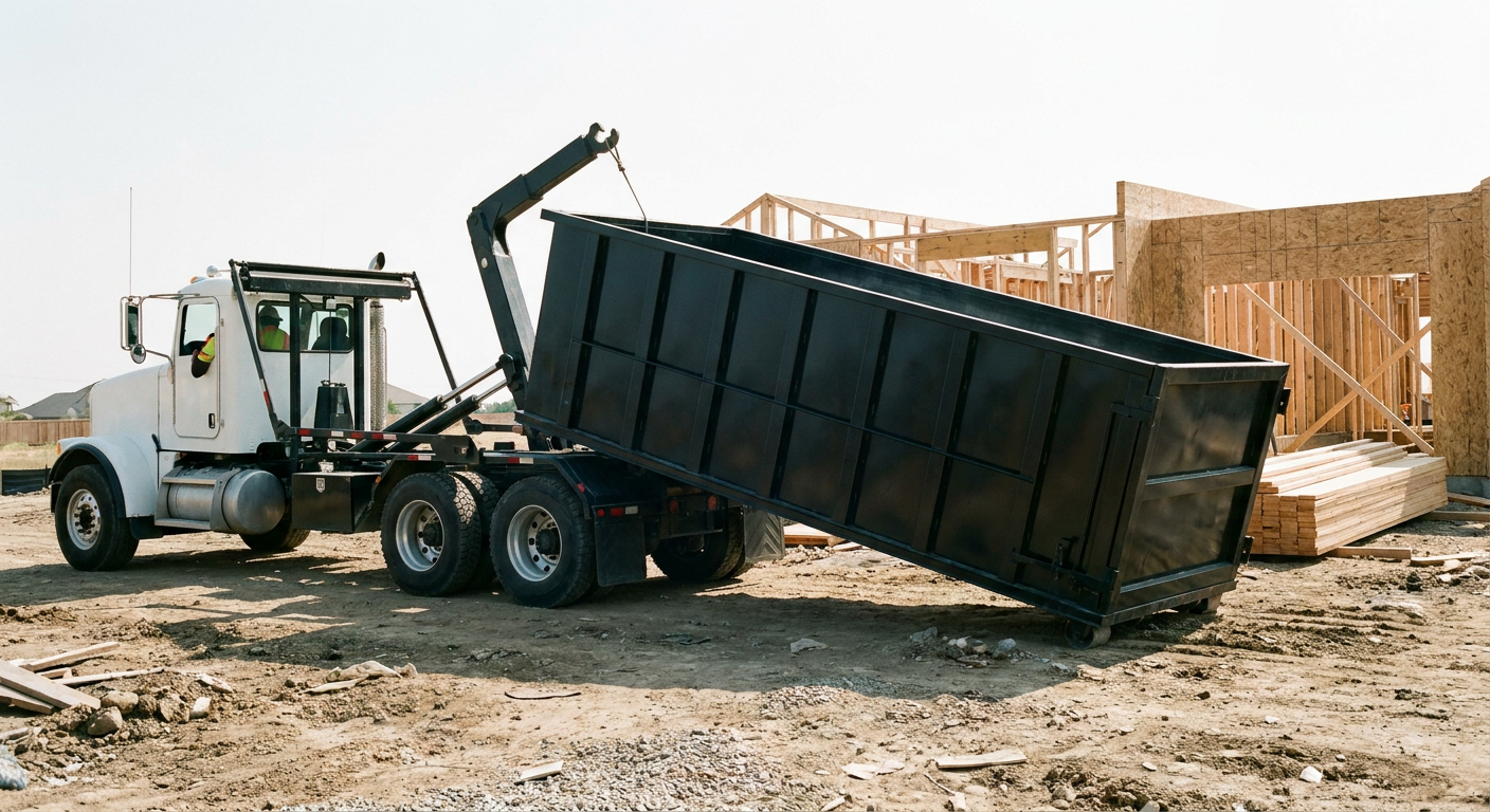 Matte-black roll-off dumpster being delivered onto a clean residential concrete driveway in Augusta by an unmarked white hooklift hauler truck, bright morning daylight, documentary 35mm perspective.