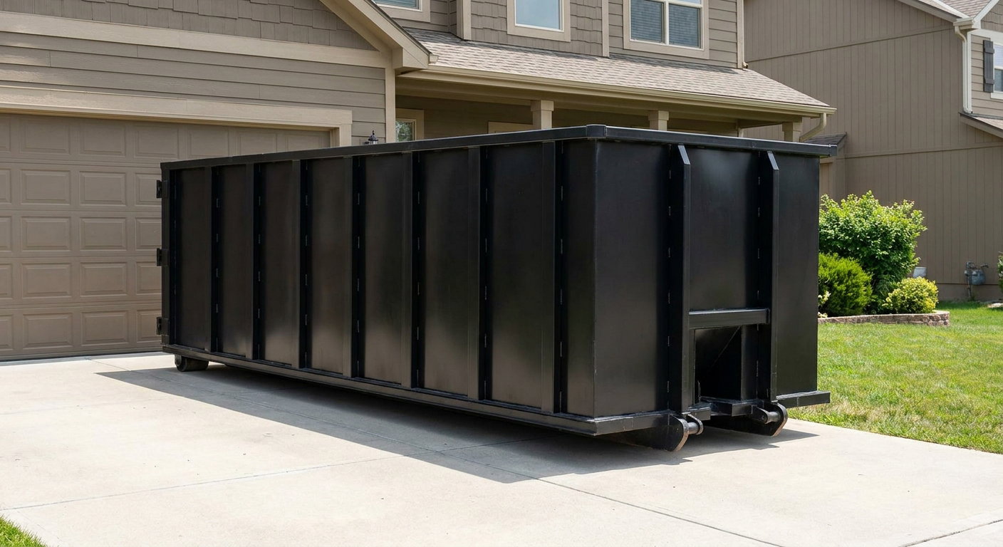 Matte-black residential roll-off dumpster sitting directly on a suburban Augusta concrete driveway, garage door closed, single-family home in background, bright morning daylight.