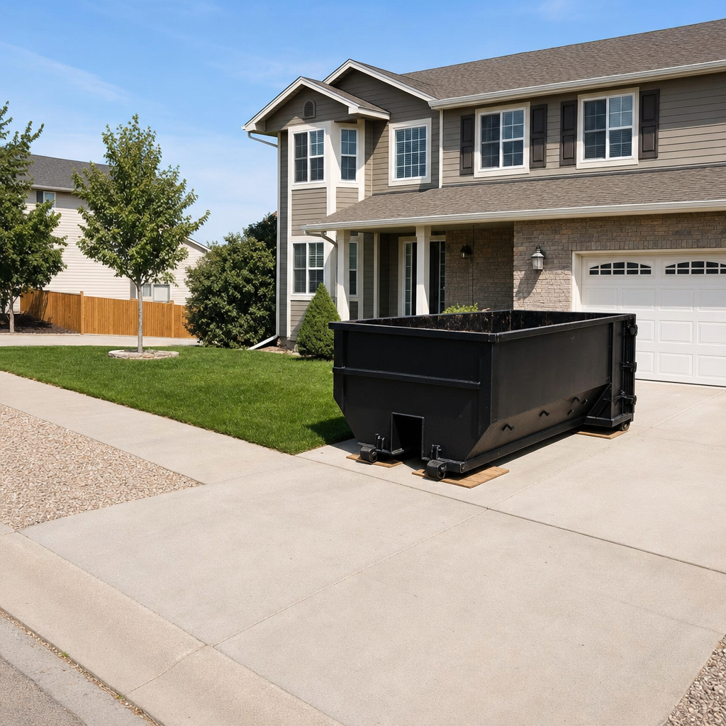 10-yard matte-black residential dumpster placed directly on a narrow Augusta concrete driveway, room remains for a parked sedan beside it, mid-morning natural light