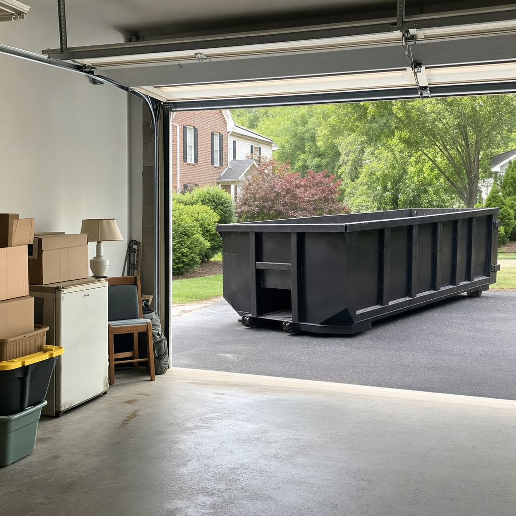 Open garage interior in a Augusta home mid-cleanout — boxed items, an old appliance, and stacked yard tools queued near the driveway for a matte-black roll-off dumpster, organized and calm