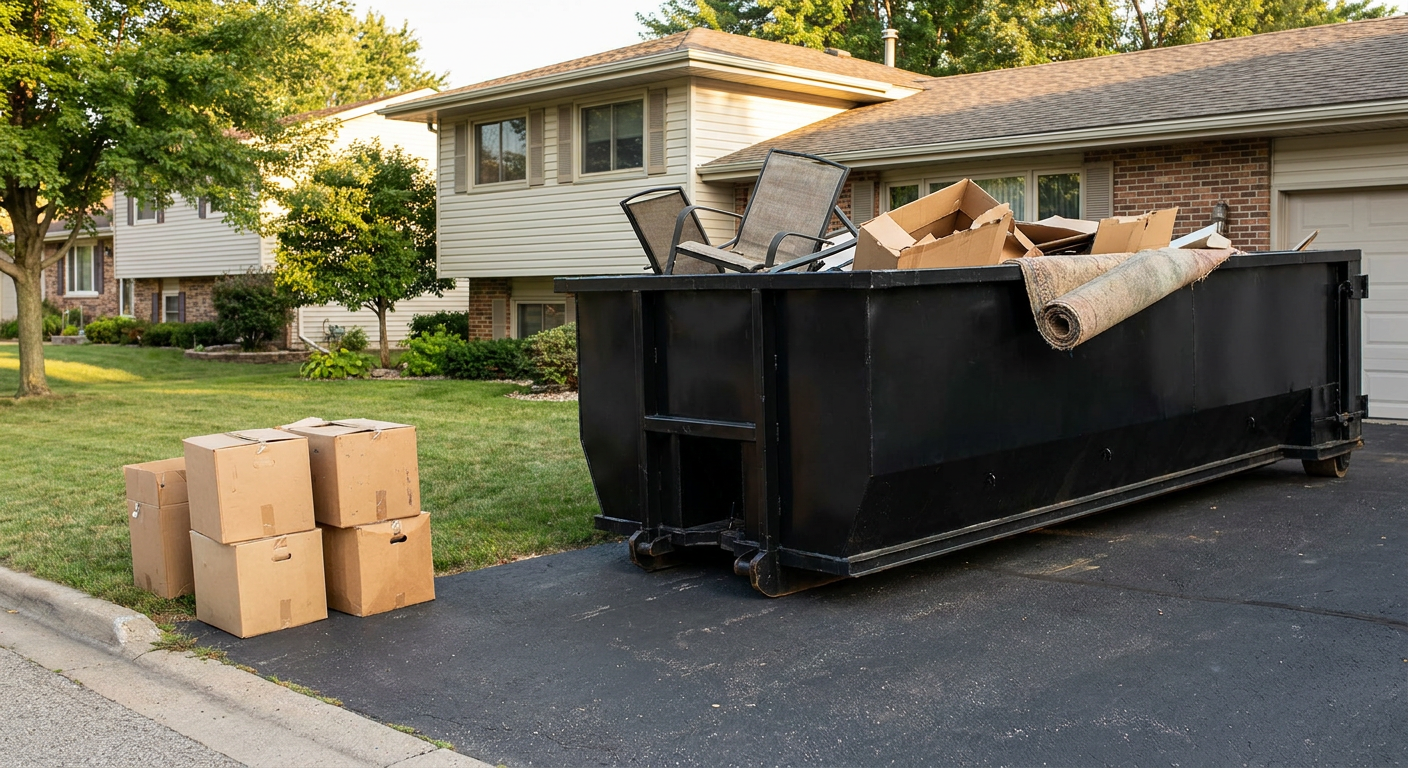 Front-yard view of a Augusta split-level home with a 20-yard matte-black roll-off dumpster sitting directly on the asphalt driveway, a few clearly labeled donation boxes staged at the curb, calm sunny afternoon.
