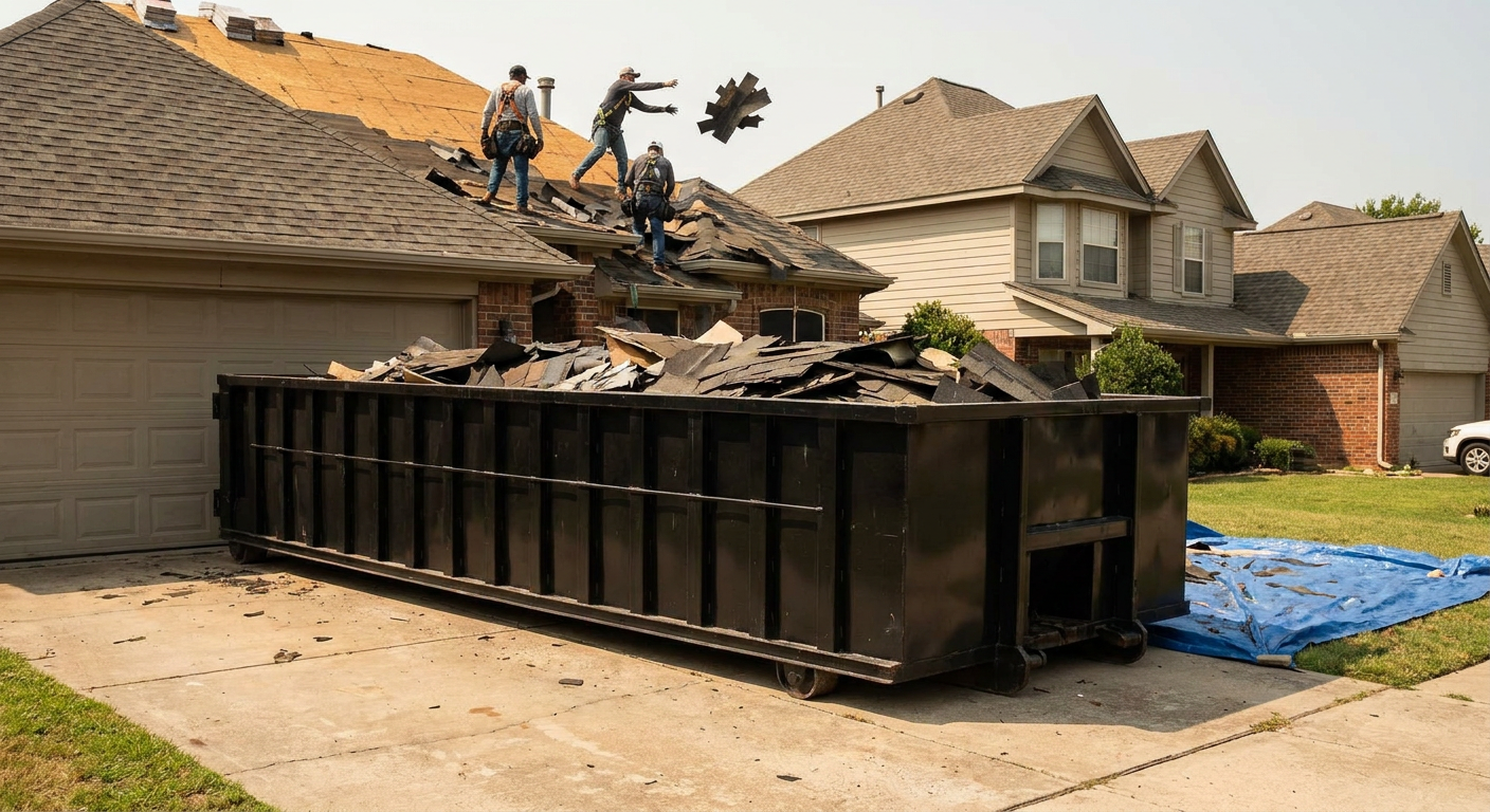 Matte-black roofing roll-off dumpster placed directly on a Augusta residential concrete driveway, a tear-off crew on a two-story asphalt-shingle roof tossing shingle bundles into the low-walled container, bright daylight, documentary 35mm perspective.