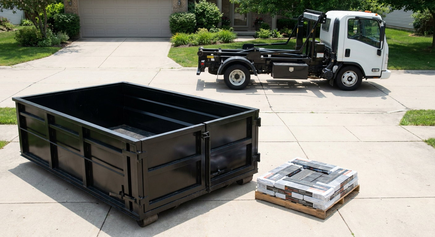Matte-black 15-yard roofing roll-off dumpster with reinforced low side walls sitting directly on a Augusta residential concrete driveway, three-tab asphalt shingle bundles stacked nearby, an unmarked white hauler truck partially visible at the edge of the frame.