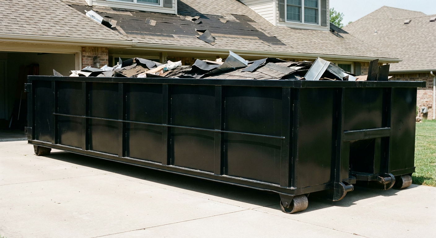 Matte-black 20-yard roofing roll-off dumpster with steel ribbed sides and swinging rear door, sitting directly on the concrete driveway of a two-story Augusta home, asphalt shingle debris being loaded over the low wall, clean documentary lighting.