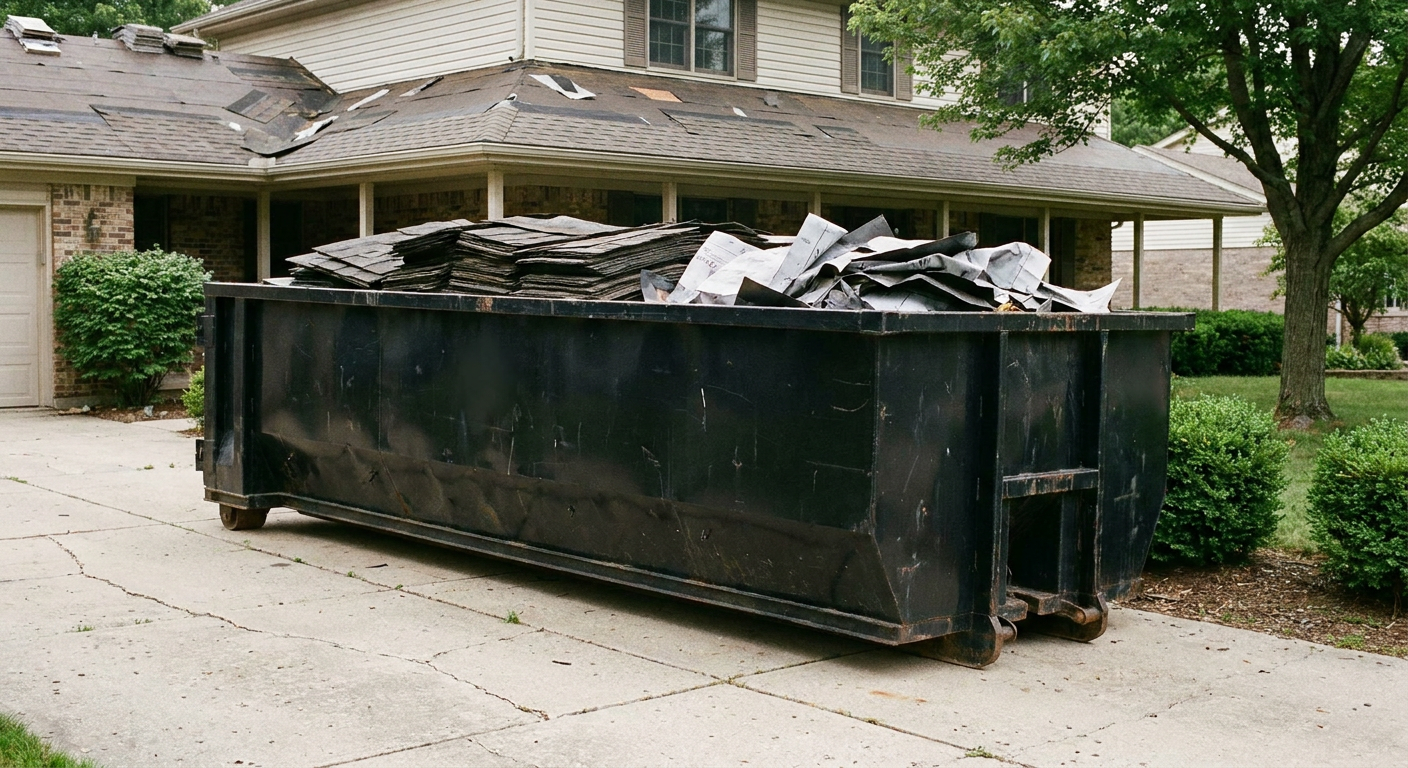 Matte-black 30-yard roofing roll-off dumpster sitting directly on a Augusta concrete driveway, taller ribbed steel side panels, mixed tear-off debris of asphalt shingles and underlayment inside, professional documentary daylight.