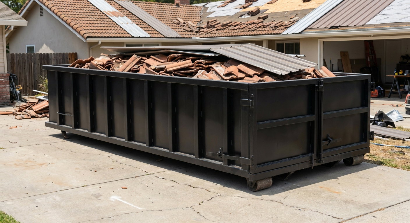 Matte-black low-wall heavy-debris roofing roll-off dumpster sitting directly on a Augusta concrete driveway, broken concrete clay roof tiles and metal panel sections loaded inside, reinforced ribbed steel side walls visible, bright outdoor daylight.