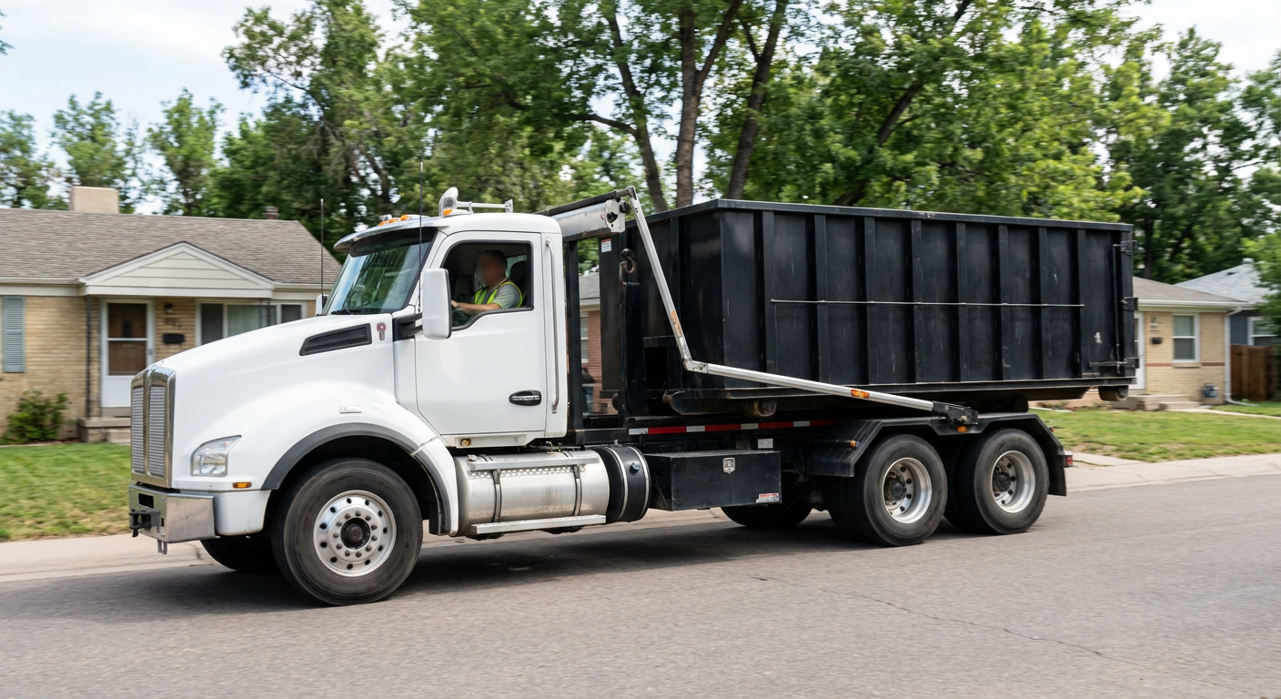 A wide documentary shot of a matte-black roll-off delivery truck pulling onto a quiet Augusta residential street at mid-morning, with neighborhood rooftops and tree-lined blocks visible behind, showing the metro coverage footprint.