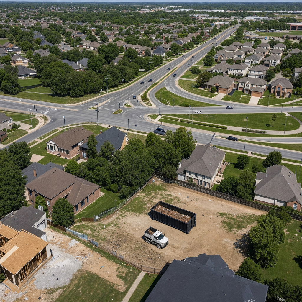 An overhead documentary view of the Augusta metro area at midday, showing the spread of neighborhoods, arterial roads, and the dispatch radius from a central yard — clean daylight, organized geographic layout.