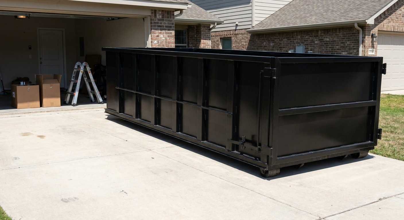 A matte-black 10-yard roll-off dumpster sitting directly on a residential Augusta concrete driveway, mid-day sunlight, clean and ready for a garage cleanout.