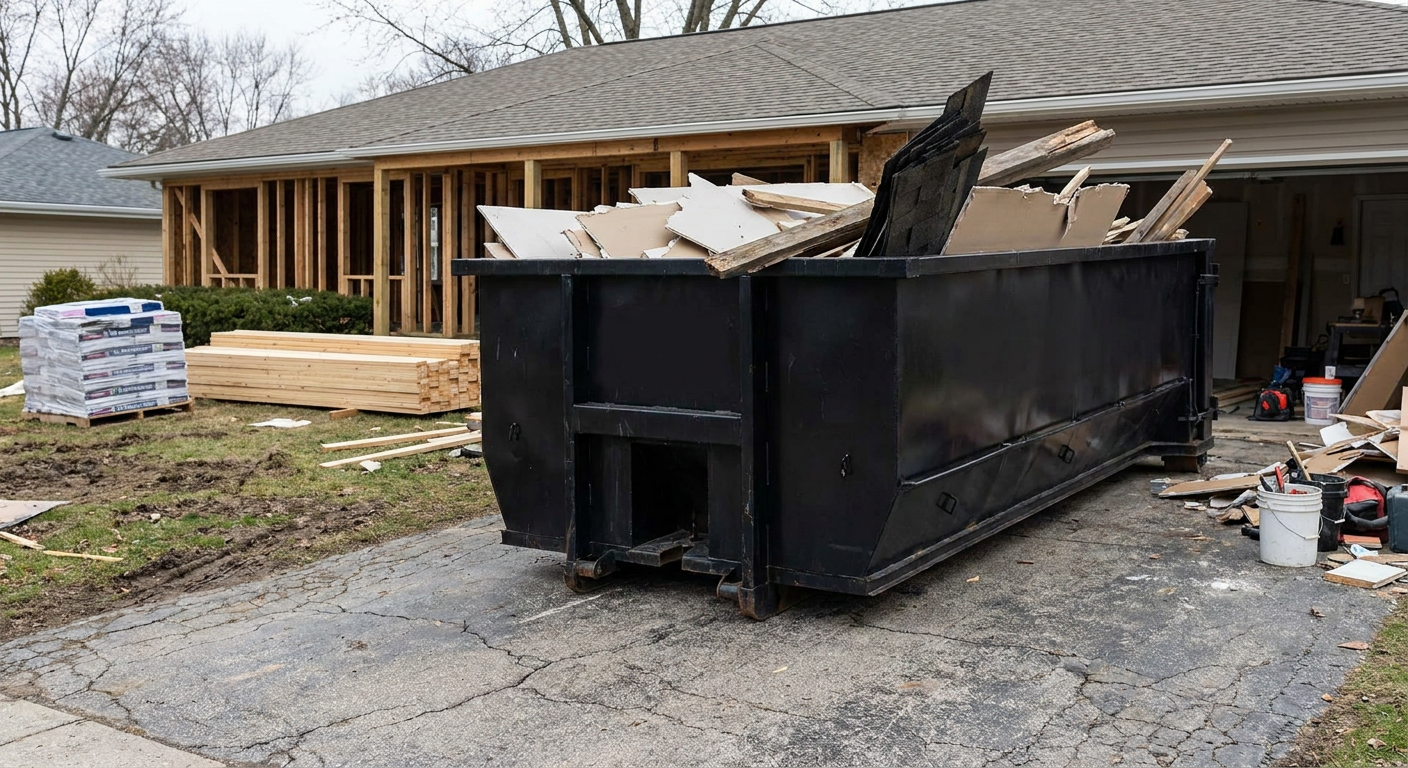 A matte-black 20-yard roll-off dumpster placed alongside a mid-renovation Augusta home directly on the asphalt driveway, with framing materials and torn-off shingles staged neatly nearby.