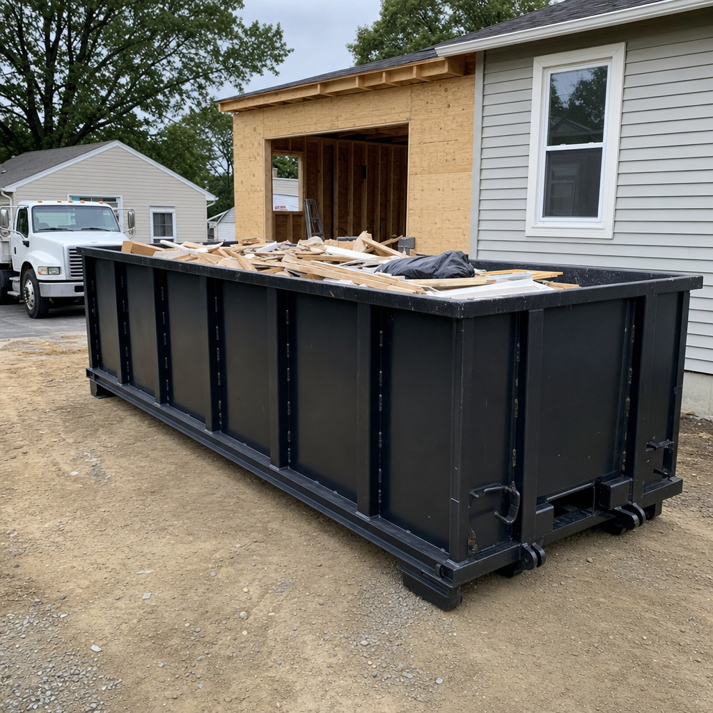 A matte-black 30-yard roll-off dumpster positioned at a Augusta residential addition jobsite, with framing lumber and drywall scraps loaded through the open swinging rear doors.
