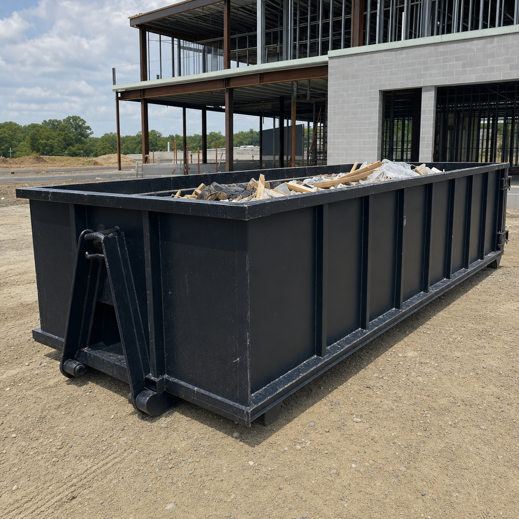 A matte-black 40-yard roll-off dumpster staged on a large Augusta commercial construction lot, with a hooklift delivery truck parked alongside under bright midday sky.