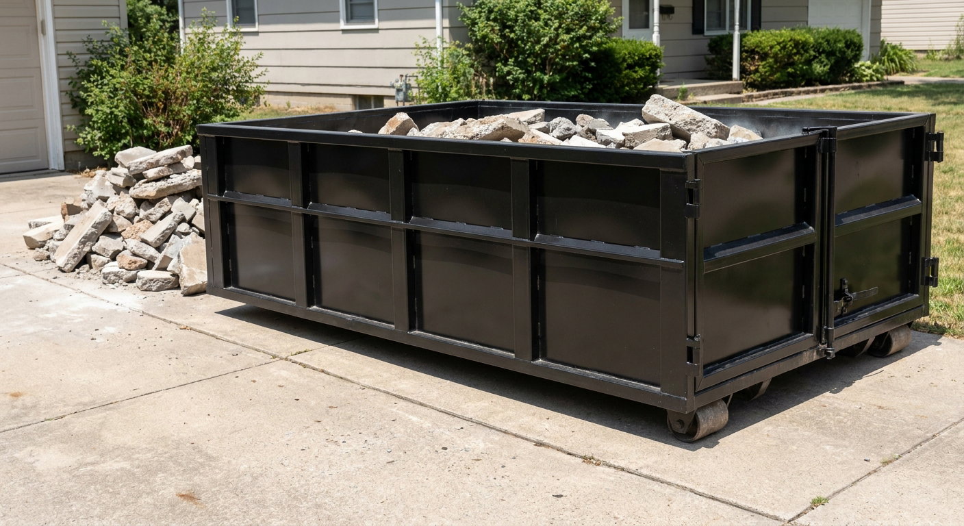 A matte-black low-side heavy-debris roll-off dumpster placed directly on a Augusta concrete driveway, with broken concrete chunks neatly stacked beside it under clean daylight.